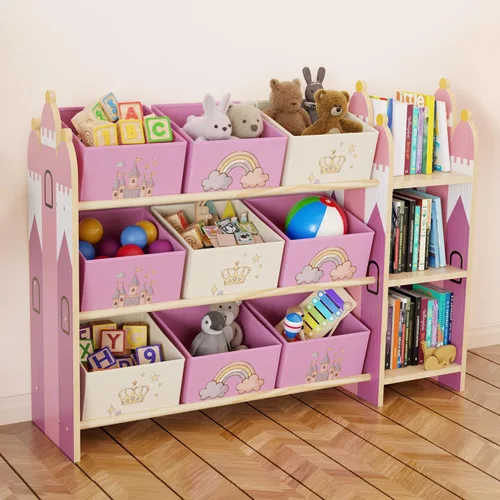 Organizador de almacenamiento de juguetes con 3 estantes y 9 contenedores, estantería de castillo rosa y estantería para niños, estante de juguetes