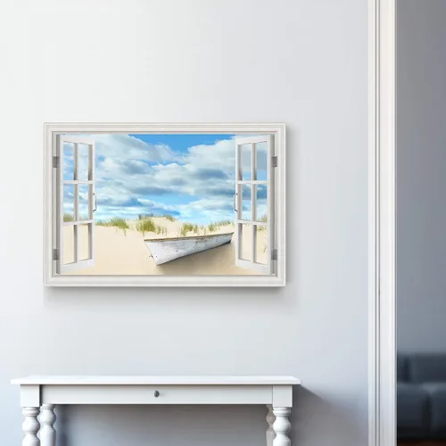 Miniatura 4 de Renditions Gallery Lienzo decorativo para pared, vista de barco viejo atracado en la playa de arena blanca, obra de arte para colgar en la pared