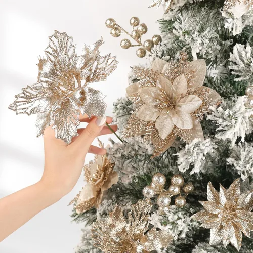 Miniatura 2 de N&T NIETING - Kit de 24 piezas de flores artificiales de Pascua y tallos con bayas y purpurina para Navidad, adornos florales para árbol de Navidad