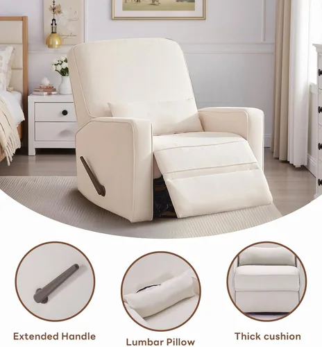 Miniatura 5 de Tbfit Silla reclinable giratoria de 360°, mecedora de guardería con soporte lumbar para dormitorio, cómodo sillón tapizado con almohadas y Beige