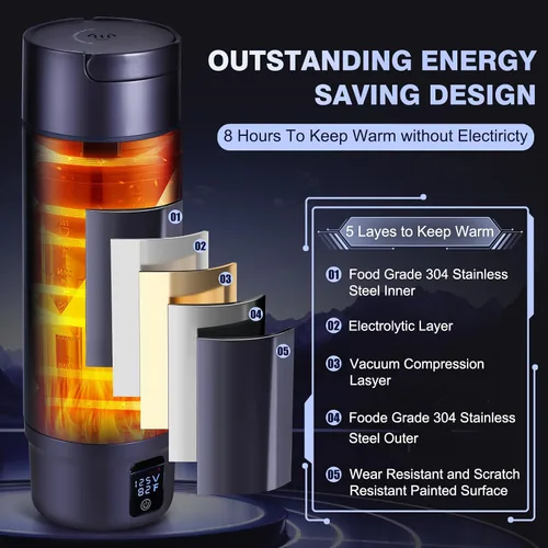 Miniatura 2 de Hervidor Eléctrico para Automóvil con Aislamiento al Vacío, Vaso Térmico de Acero Inoxidable Miicasa Calentador de Agua para Automóvil, Hervidor