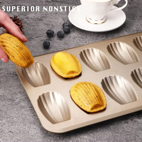 Miniatura 2 de HONGBAKE Molde de Madeleine antiadherente, paquete de 2 bandejas de galletas de madeleine resistentes de 12 cavidades para hornear en el horno, Oro