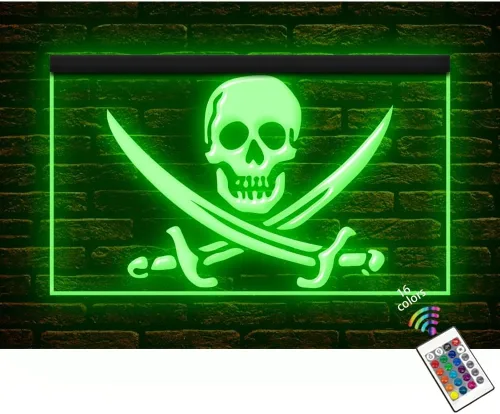 150090 Calavera Esqueleto Pirata Vela Helloween Toys Shop Pantalla Abierta Luz LED Letrero de neón (12 x 8 pulgadas, 16 colores por control remoto)