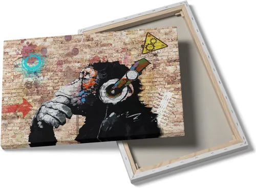 Miniatura 2 de MGSBCXN Lienzo decorativo de pared de graffiti, Banksy, impresión artística de DJ Mono Pensativo con auriculares, pintura artística de arte pop Mono