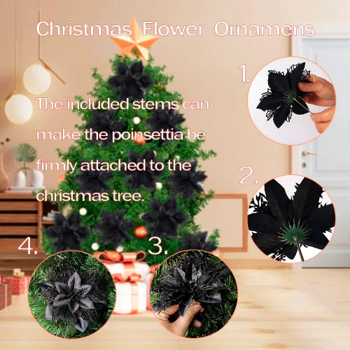 Miniatura 3 de Flores de Pascua de Navidad plateadas, paquete de 24 flores de seda con purpurina para adornos de árbol de Navidad, coronas de Navidad, guirnaldas
