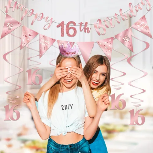 Miniatura 4 de Decoración de cumpleaños número 16 de oro rosa para niñas, pancarta de feliz cumpleaños 16, remolinos de banderines, pancarta de bandera triangular