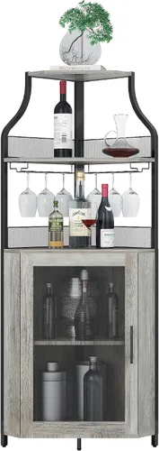 Miniatura 4 de GAOMON Armario esquinero para bar de vinos con estante desmontable para vinos, armario de bar con soporte para vidrio, aparador pequeño y gabinete