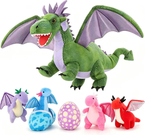 Miniatura 12 de MaoGoLan 7 animales de peluche gigantes de dragón, juguete de peluche de dragón de 22 pulgadas con 4 bebés y 2 huevos en el vientre de mamá, juego