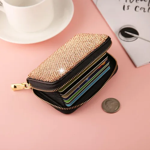 Miniatura 4 de AsAlways Funda con cremallera multicapa con diamantes de imitación RFID, cartera pequeña delgada para mujer, Oro, Moderno