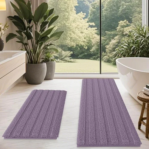 Miniatura 11 de ACCUMTEK - Juego de alfombras de baño a rayas beige de 3 piezas, ultrasuaves, antideslizantes de chenilla, alfombras de baño mullidas y absorbentes