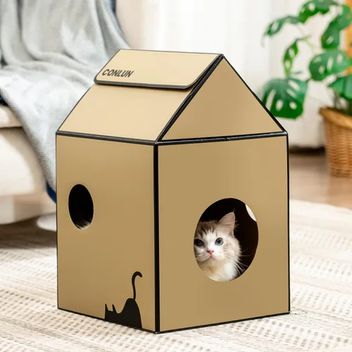 Miniatura 6 de Conlun Casa de cartón para gatos con almohadilla para rascar y hierba gatera, casa rascador para juegos de gatos para muebles de interior, rascador