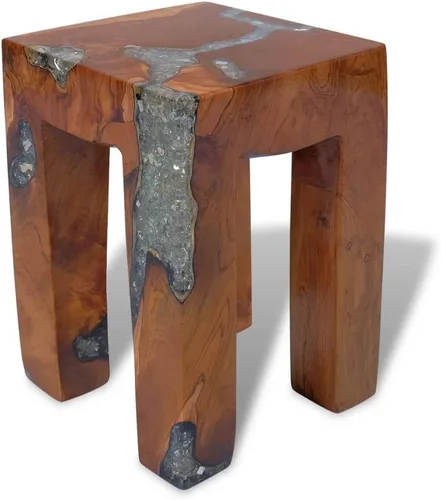 Miniatura 12 de Taburete de madera maciza de teca y resina, taburete de tocón de árbol con borde vivo, mesa auxiliar de borde natural, soporte para plantas, mesita