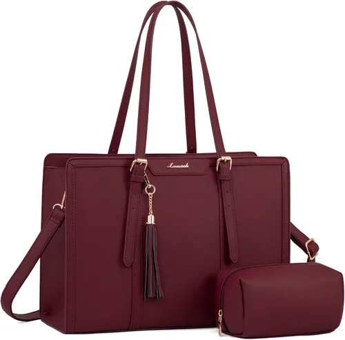 Miniatura 14 de LOVEVOOK Bolsa para laptop para mujer, bolsa de lona ligera de 15.6 pulgadas, bolsa grande para computadora, con bolso de mano, para negocios, Beige