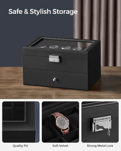 Miniatura 27 de SONGMICS UJWB012 - Caja de reloj de 12 ranuras, caja de reloj con cerradura con tapa de vidrio, 2 capas, con 1 cajón para anillos, pulseras, idea