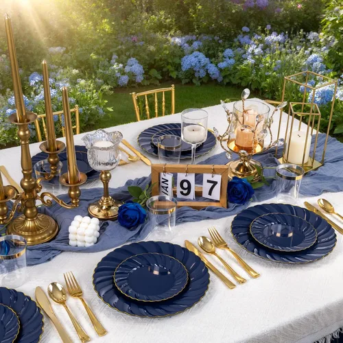 Miniatura 3 de YOUBET Paquete de 100 platos de plástico festoneado azul, platos desechables azul marino de 6.5 pulgadas, elegante plato de postre vintage de alta