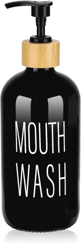 Dispensador de enjuague bucal con bomba, recipiente de enjuague bucal de vidrio para encimera de baño, decantador de botella de lavado bucal, negro,