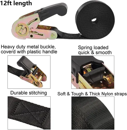 Miniatura 2 de Correas de Amarre de Trinquete Sin Fin para Carga Pesada, Correa Negra de Nailon Resistente con Trinquete de Sujeción, Accesorios de Resorte