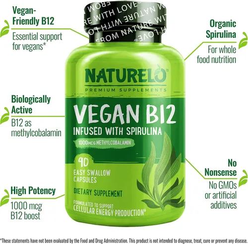Miniatura 8 de NATURELO Vitamina D - A base de plantas de liquen - 180 mini cápsulas, vegano B12, 1000 mcg de metilcobalamina - 90 cápsulas