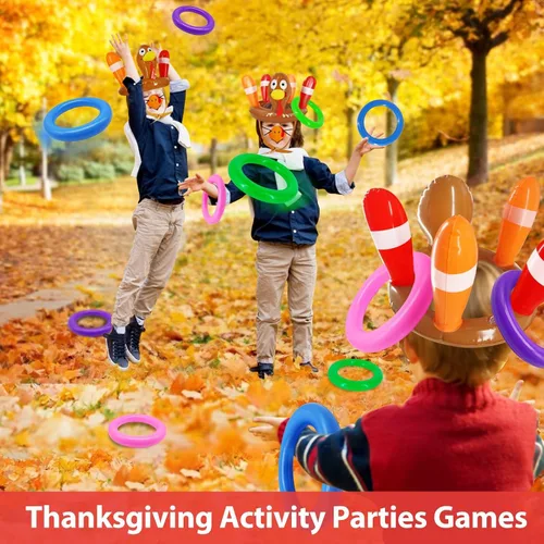 Miniatura 6 de Paquete de 3 juegos de lanzamiento de anillos de Acción de Gracias, juguetes inflables para niños, juegos de lanzamiento de sombrero de pavo