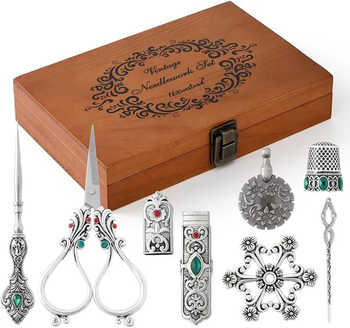 Miniatura 7 de NOTIONSLAND Juego de tijeras de bordado, suministros vintage, estuche de aguja, punzón de costura, dedal, tablero de hilo dental para costura, cobre