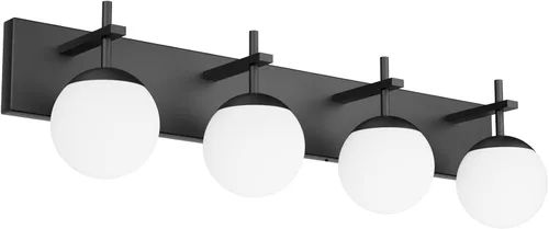 Miniatura 9 de Ralbay Lámpara de pared de baño negra mate, 2 luces, iluminación moderna de mediados de siglo, luz de tocador de globo de vidrio lechoso negro