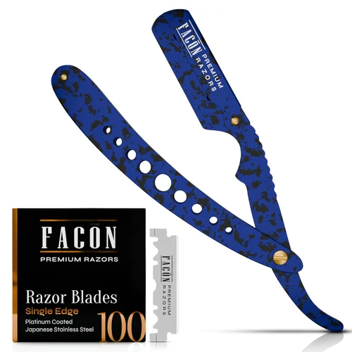 Miniatura 16 de Facón Navajas rectas para hombres - Kit de navaja de barbero profesional de borde recto con 100 cuchillas, afeitadora clásica de acero inoxidable El