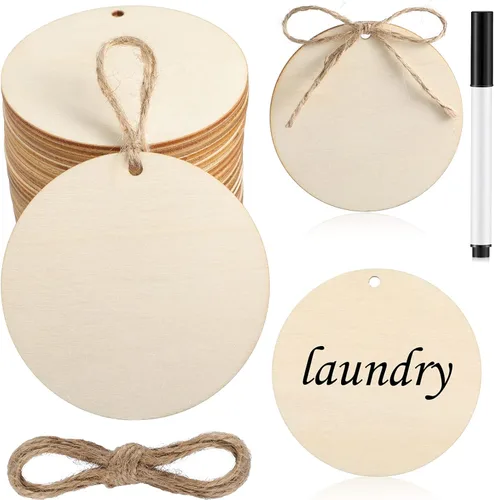 40 piezas de círculos de madera para manualidades, rondas de madera en blanco sin terminar con etiqueta con agujero y marcador, etiquetas de regalo