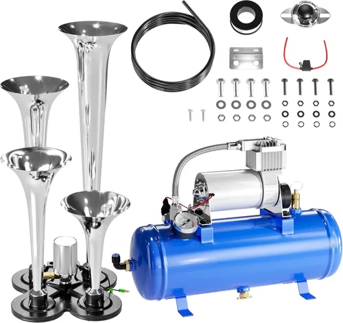 Kit de bocina de aire de tren de 150 DB, kit de 4 bocinas de tren ruidosas para compresor de aire de 150 PSI 12V 1.59 galones para camiones, Azul