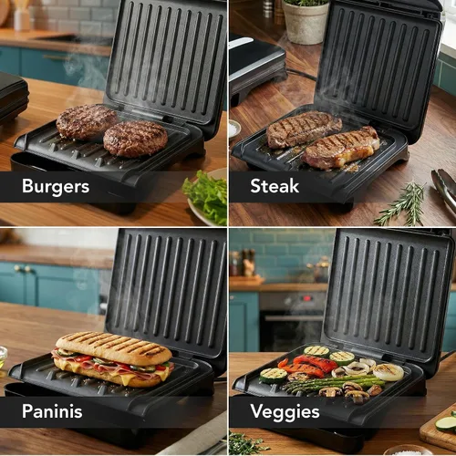 Miniatura 5 de OVENTE Parrilla eléctrica para interiores de 2 porciones y prensa para paninis con revestimiento antiadherente fácil de limpiar, se abre 180 grados
