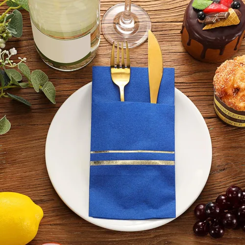Miniatura 4 de Roshtia Paquete de 100 Servilletas de Cena Desechables con Sensación de Lino, Borde Dorado, Predobladas, con Bolsillo para Cubiertos Incorporado