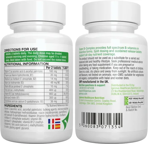 Miniatura 7 de Super B-Complex 180 comprimidos + Complejo Triple Magnesio 180 Tabletas Paquete Vegano, Complejo B de Liberación Sostenida Metilado + Glicinato