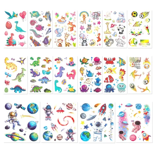 Miniatura 9 de Más de 150 tatuajes temporales con purpurina para niños, envueltos individualmente, calcomanías de tatuaje impermeables, sirena, dinosaurio, animal