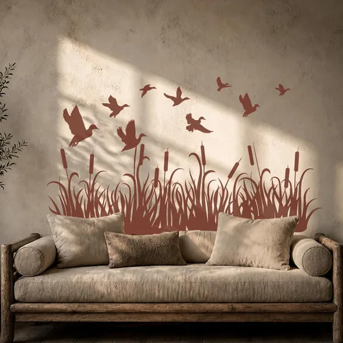 Vinilo adhesivo para pared, diseño de patos de caza, prado, hierba, naturaleza, mural, decoración grande (g3785), color negro