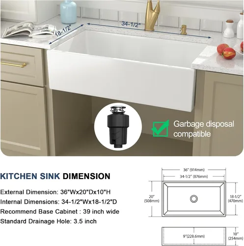 Miniatura 3 de Lordear Fregadero de Cocina Estilo Granja de 36 Pulgadas Blanco de Arcilla Refractaria Porcelana Cerámica Tazón Único Frente de Delantal Fregadero