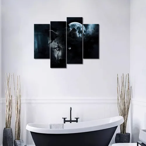 Miniatura 4 de Arte de pared de 4 paneles de lobo negro y luna llena, impresión sobre lienzo, imágenes de animales para decoración del hogar, pieza de regalo