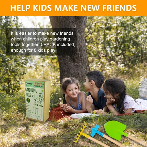 Miniatura 6 de Pala para niños, rastrillo para hojas, pala, azada y escoba, 5 piezas de herramientas de jardín para niños, jardín al aire libre, juguete de regalo