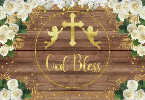 Miniatura 4 de Telón de fondo de madera con texto en inglés "God Bless Bautismo" de 5 x 3 pies, tablero de madera, fondo floral, cruz, primera comunión, iglesia