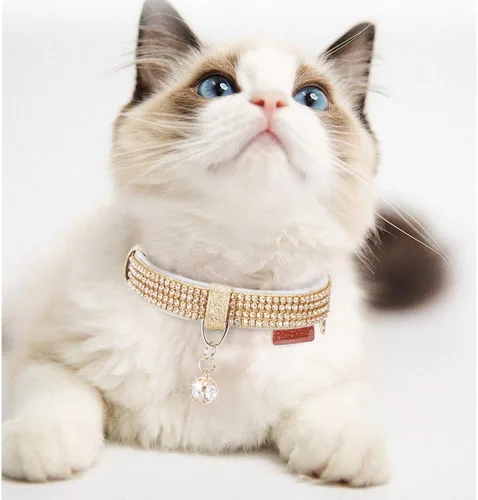 Miniatura 5 de Collar para gatos y perros, [brillos de imitación de diamante] Cuero sintético prémium con dije, collares ajustables para gatos grandes y perros