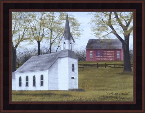 Home Cabin Décor Fe y libertad por Billy Jacobs 15x19 Campana Campanario Rojo Granero Bandera Patriótica Americana enmarcada