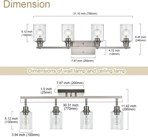 Miniatura 4 de Lámpara de tocador de 4 luces para baño en acabado de níquel cepillado, lámpara clásica con cabezal de luz giratoria, lámpara de techo de metal