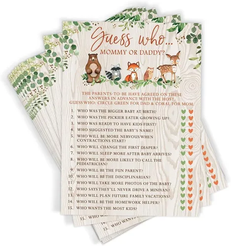 Miniatura 7 de Printed Party Predicciones y consejos para baby shower, animales del bosque, 50 tarjetas