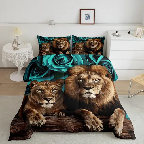Miniatura 29 de Erosebridal Juego de ropa de cama de guepardo con rosa azul, juego de edredón con estampado de leopardo y gato, edredón romántico de plumón