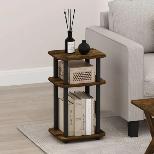 Miniatura 2 de Furinno JUST - Mesita lateral de 3 niveles con tubo giratorio N, estante abierto, mesita de noche con esquina curva redonda, mesita de cama, fácil