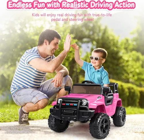Miniatura 2 de JOYMOR Camión de paseo con control remoto, 4 ruedas de 12 V con batería para niños, con faro LED, botón de bocina, reproductor de MP3, puerto USB