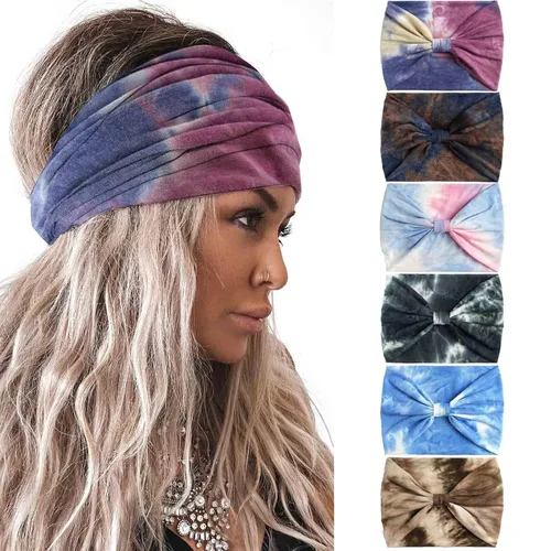 Miniatura 13 de Olbye Diademas anchas bohemias anudadas turbante elásticas antideslizantes florales diademas para entrenamiento para la cabeza, bandana bohemia