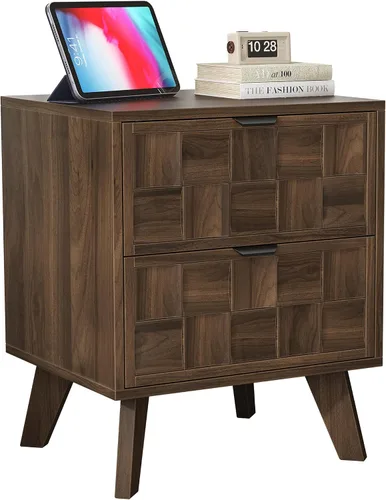Miniatura 6 de Smuxee Mesita de noche de madera de nogal con 2 cajones, mesita de noche de mediados de siglo con puertas de tablero de ajedrez en relieve, mesita