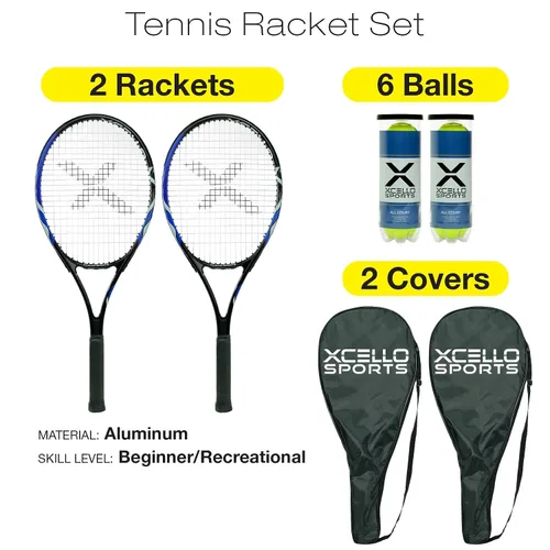 Miniatura 2 de Xcello Sports Juego de raquetas de aluminio de 23 pulgadas (azul/negro) con 2 tubos de pelotas de tenis y 2 fundas
