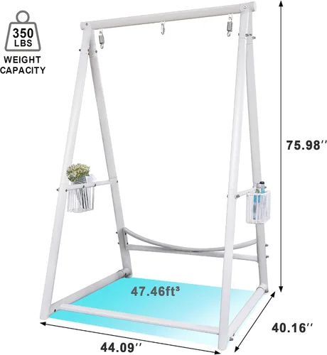 Miniatura 2 de YOXIFOC Base reforzada y soporte de hamaca de estructura triangular con 2 cestas de almacenamiento, soporte de columpio con 3 ganchos para la Blanco