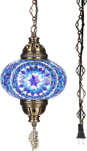 Miniatura 15 de DEMMEX Lámpara Colgante de Techo Enchufable de Mosaico Turco Marroquí – Luminaria Tipo Swag con Cable de 15 pies y Cadena, Vidrio Artesanal