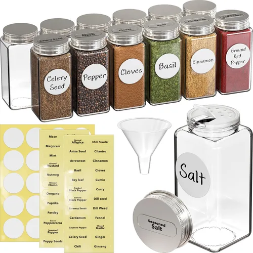 Simple Houseware Spice Jars - Botellas cuadradas de vidrio de 4 onzas con tapas agitadoras, embudo y etiquetas para condimentos y almacenamiento,